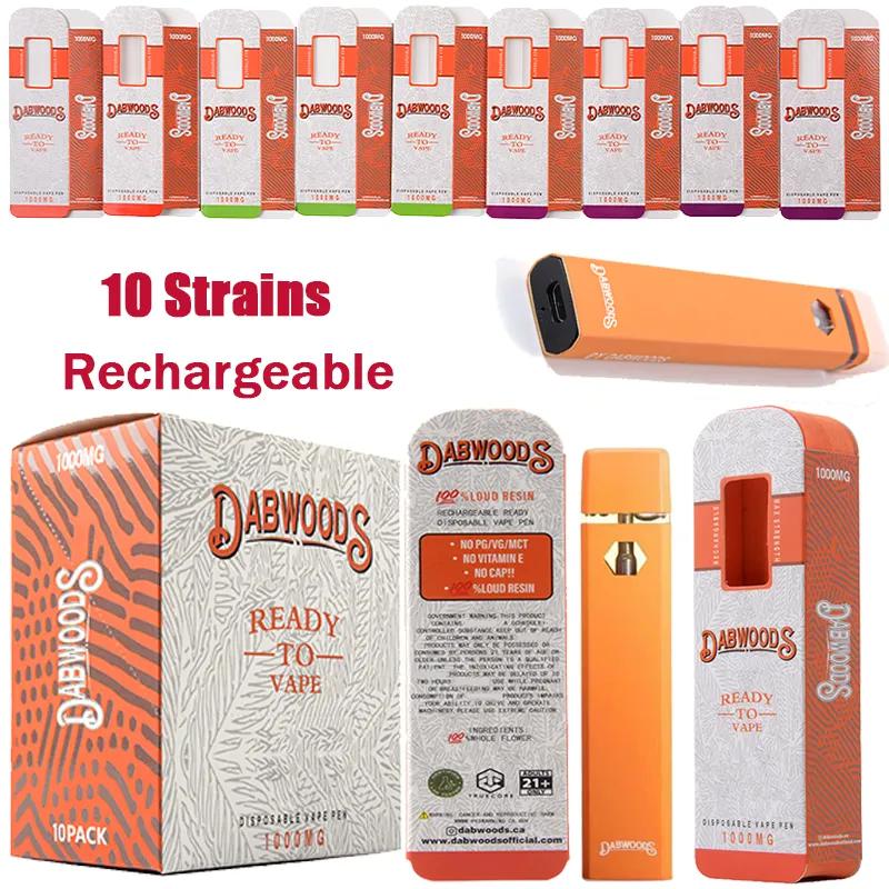 

Dabwoods Rechargeable E Cigarette 10 strains Disposable Device Pods Vape Pen 1ml 280mah Pod Disposables Empy Oil Starter Kits USB Micro Preheating Hot
