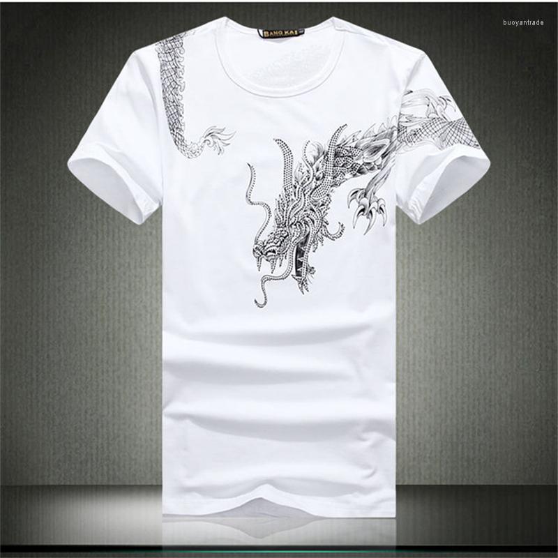 

Men's T Shirts Chinese Style Rhinestone Dragon Totem Pattern Short-sleeved Shirt Summer 2023 High-quality Cotton Luxury Men -4XL, Black