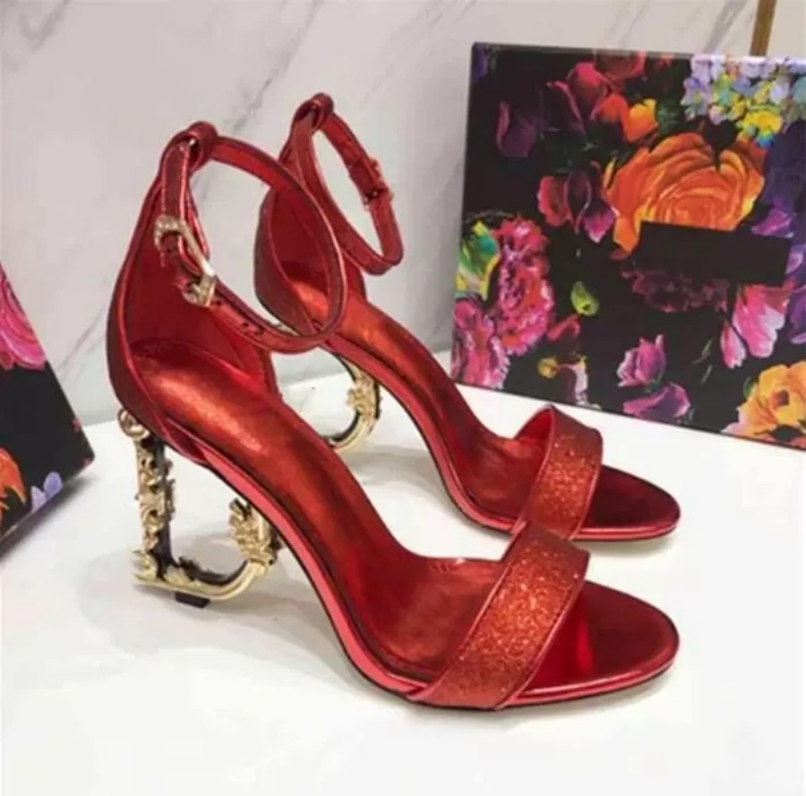 

Summer Luxury Brands Patent Leather Sandals Shoes Pop Heel Gold-plated Carbon Nude Black Red Pumps Gladiator shoes sandal With Box EU35-43