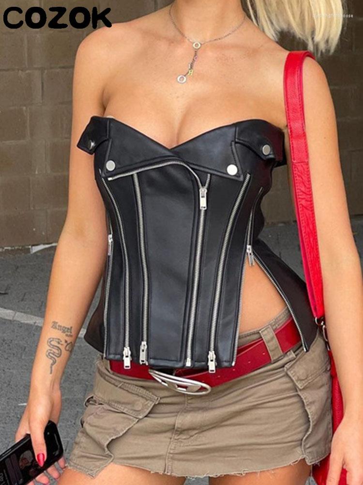 

Women' Tanks PU Leather Trendy Black Tube Tops Women Y2K Irregular Zipper Strapless Corset Nightclub Clothes Sleeveless Backless Streetwear