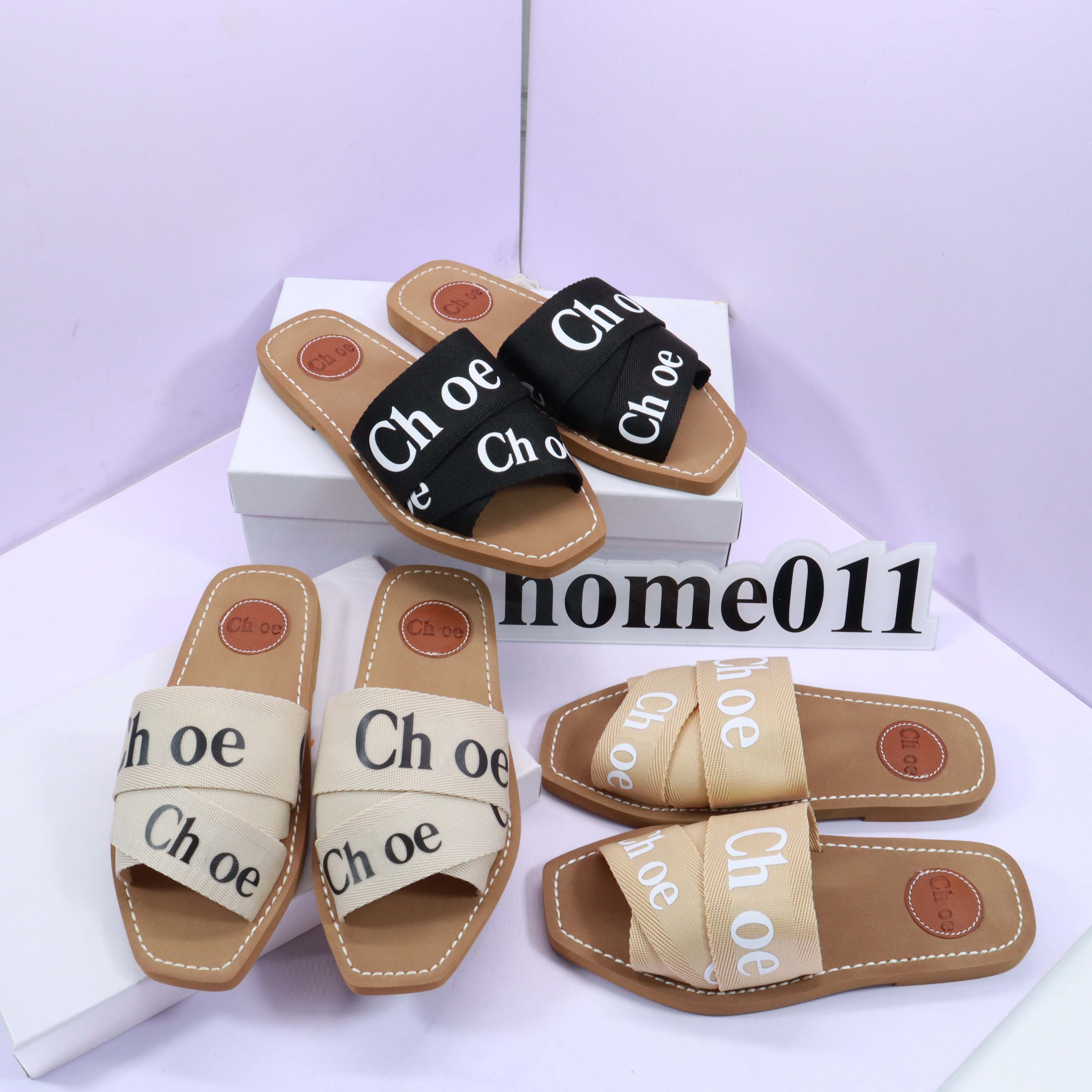 

designer sandals slippers for women Mules flat slides Light tan beige white black pink lace Lettering Fabric canvas slippers womens summer, #12
