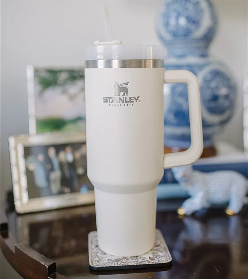 

40oz Stanley Cups With Straws and Handle Car Mugs Stainless Steel Insulated Tumbler With Lids Coffee Tumbler Termos Water Bottles with Logo In 11 colors, White