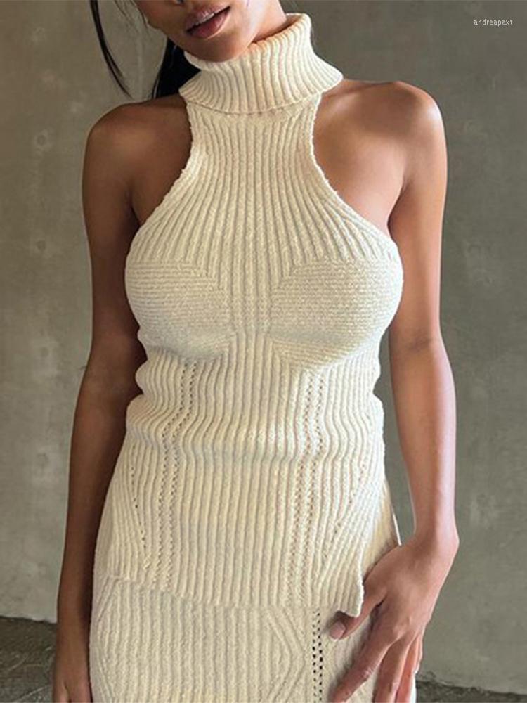 

Women' Sweaters SEASONS White Fitted Sweater Vest In Knitwears Side Split Turtleneck Sleeveless Jumpers Y2k Tops Women ASSW86251