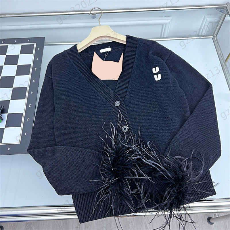 

Designer Sweater Letter Embroidery Threaded Hemmed V-neck Knitted Cardigan Cuff Feathered Trim Long Sleeves Casual Knitwear Cardigans Sweaters For Women