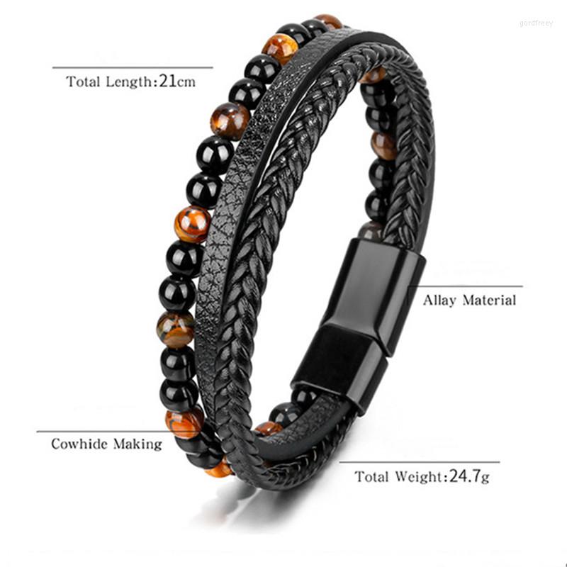

Charm Bracelets Natural Volcanic Tiger Eye Stone Leather Bracelet For Men Alloy Magnet Buckle Handmade Braided Rope