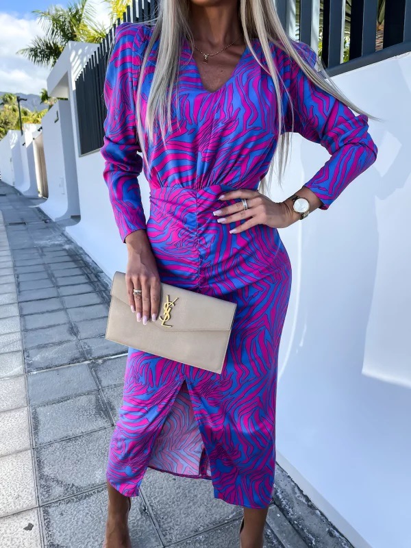 

Casual Dresses Spring Neck 3/4 Sleeves Vintage Print Long Dress Women Fashion Bohemian Pattern Vestidos Robe, 02