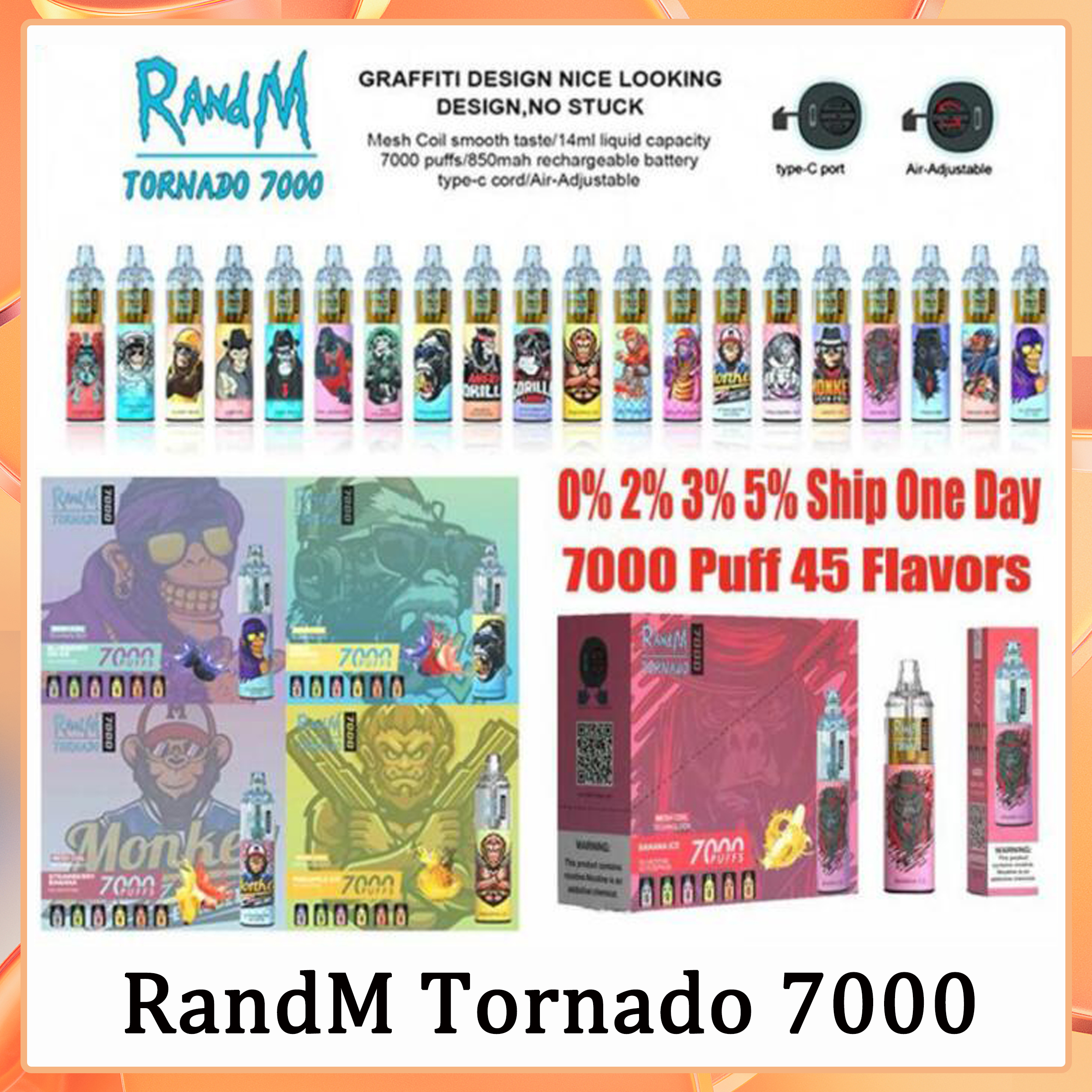 

Original RandM Tornado 7000 Puffs 7K Disposable Vape Pen Electronic Cigarettes 14ml Pod Mesh Coil 6 Glowing Colors Rechargeable Air-adjustable 2% 5% Device 50 Flavors
