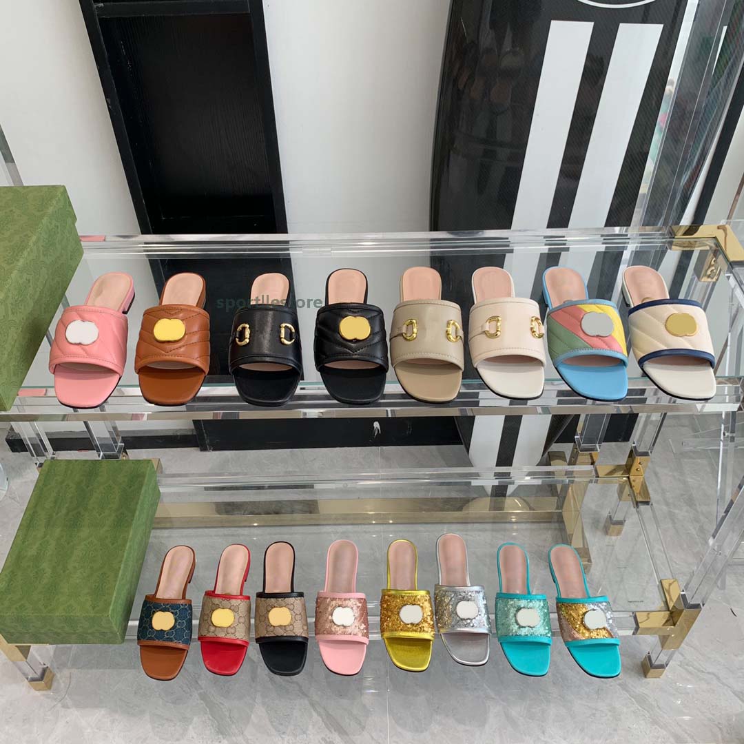 

Designer Summer Beach slippers fashion Loafers Lazy Low heeled flops leather Letters lady Cartoon Slides women shoes Metal Ladies Sandals Large size 35-41