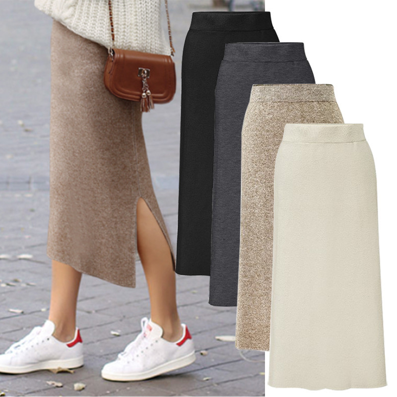 

Skirts Fashion Autumn Winter Korean Knitted Women Skirts Large Size Elastic Waist Split A-line Skirts Female Plus Size Skirts 230217, Claret