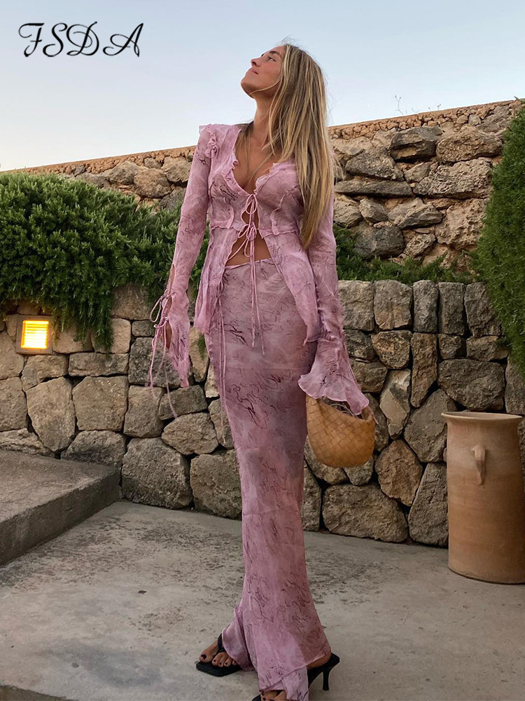 

Two Piece Dress FSDA Print Y2K Mesh Long Sleeve Top Shirts Green And Maxi Skirt Bodycon Sexy Two Piece Sets Beach Outfits Women Club 230130