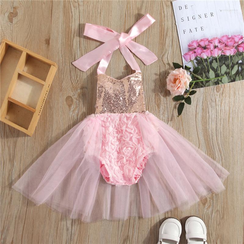 

Rompers Baby Girls Halter Neck Romper Infant Sweet Style Rose Sequins Decoration Mesh Splicing Sleeveless Jumpsuit Dress 0-24Months, Pink