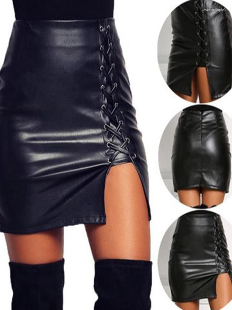 

Skirts ASYTR Summer Sexy Girls Above Knee Black PU Leather Mini Spring Female High Waist Bodycon Front Split Elegant Short Skirt