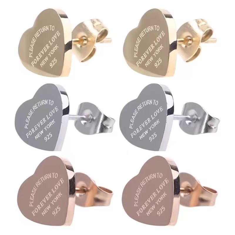 

Classic Style Women Lover Heart Studs Luxury Titanium Steel Earrings Logo Printed Wedding Party Gifts Wholesale