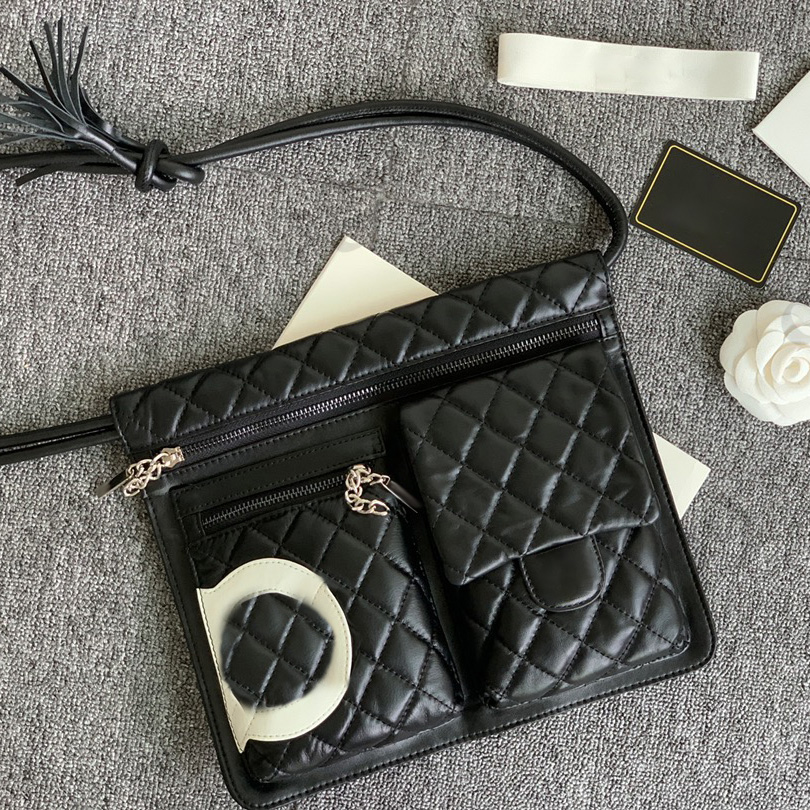 

Designer Multi-pocket Vintage Calfskin Bags Women Retro Genuine Leather Diamond Quilted Shoulder Strap Silver Zipper Women Kangpeng Handbags Chest Bag 28x8x23CM, Black