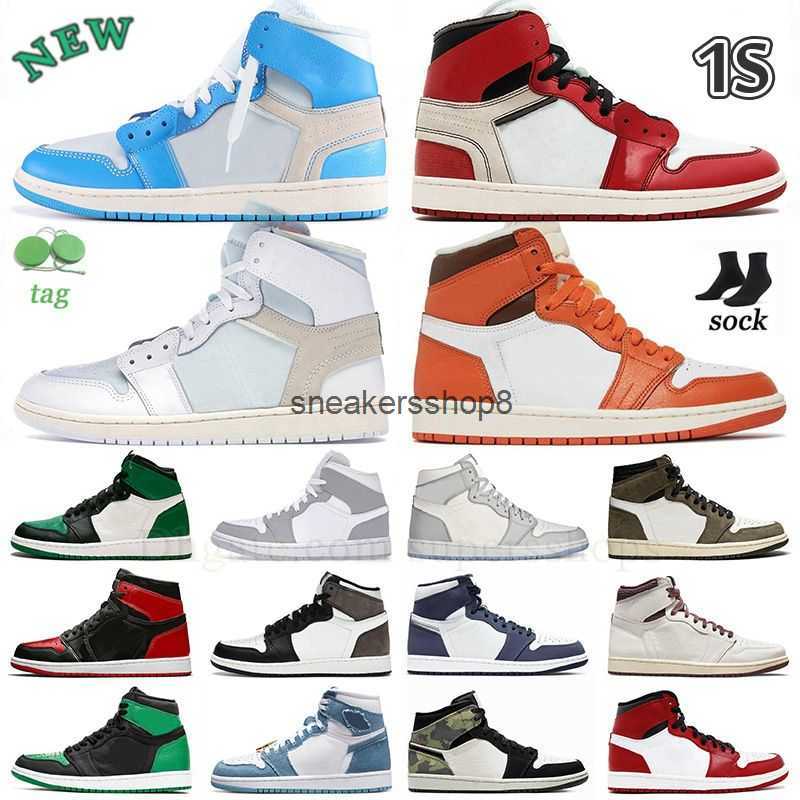 

2023 Jumpman 1 Basketball Shoes 1s Fashion UNC University Blue Fragment Dark Mocha Obsidian Denim Bred Patent Green Black Toe Hyper Royal, A29 36-46 wolf grey aluminum