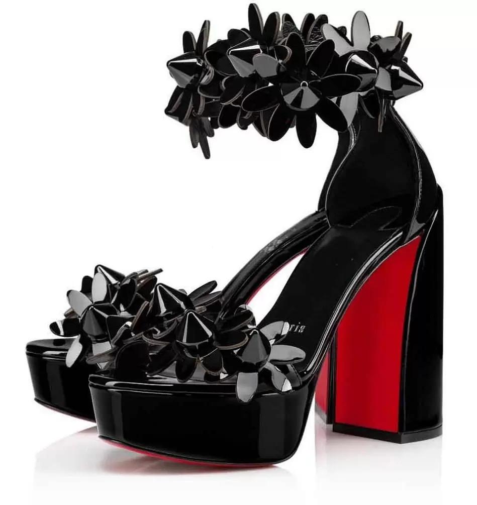 

Summer Luxury Women's Daisy Spikes Sandals Shoes Red Soles High Heels Flower Strappy Square Heel Patent Calf Leather Lady Sandalias