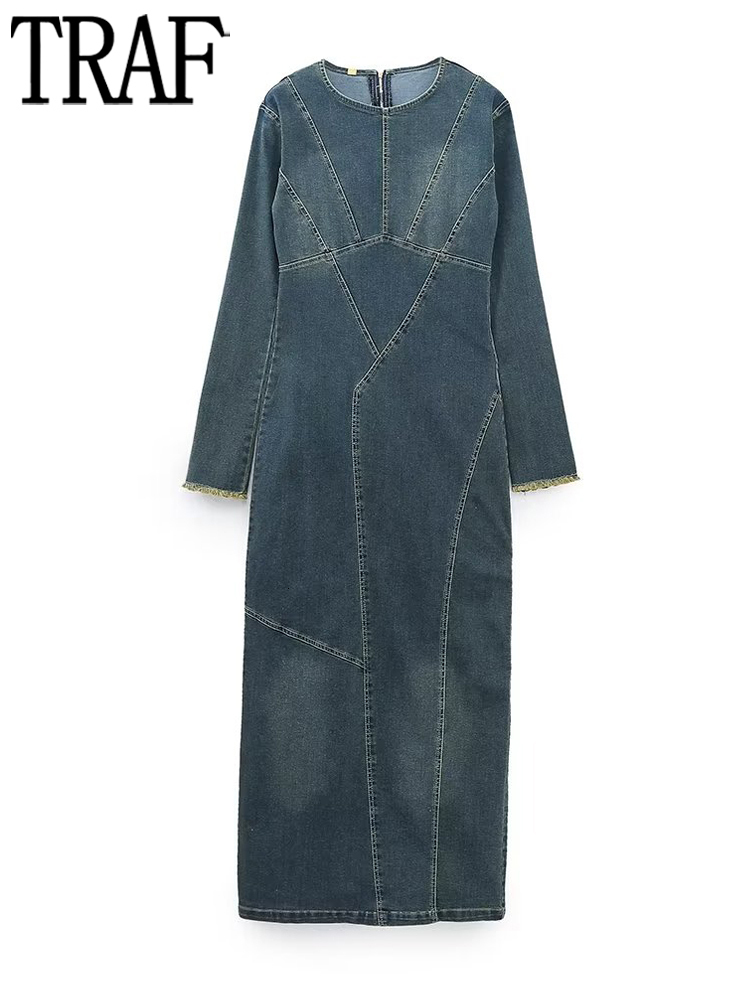 

Casual Dresses TRAF Blue Denim Woman Winter Long for Women 2023 Going Out Maxi Dres Sleeve Slit Female 230130, Green