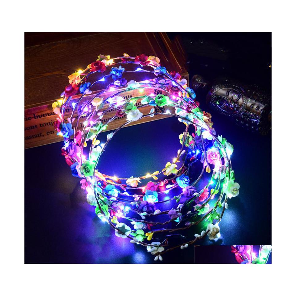 

Party Favor Flashing Led Strings Glow Flower Crown Headbands Light Rave Floral Hair Garland Luminous Wreath Wedding Gifts Wq479 Drop Dhbj4