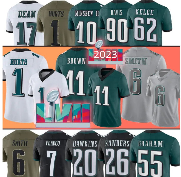 

Philadelphias 1 Jalen Hurts Football Jersey 11 AJ Brown Custom 62 Jason Kelce DeVonta Smith Miles Sanders Fletcher Cox Darius Slay Jr Brandon Graham Haason Reddick, Jerseys