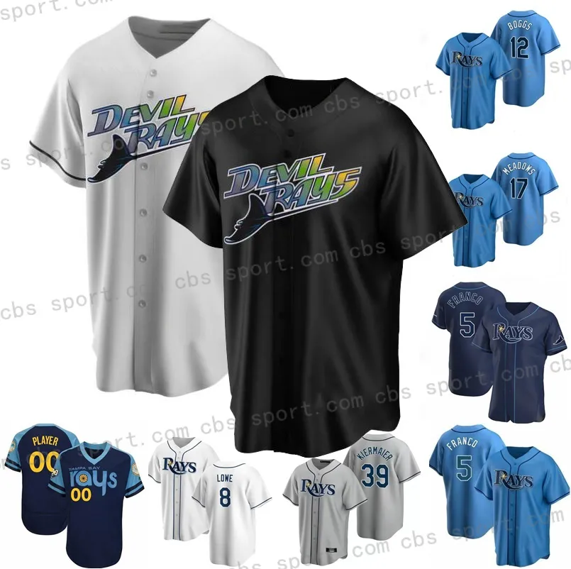 

CUSTOM Tampa Bay 5 Wander Franco baseball jerseys 12 Wade Boggs 39 Kevin Kiermaier 17 Austin Meadows 56 Randy Arozarena 50 Charlie Morton 18, Mens nk logo