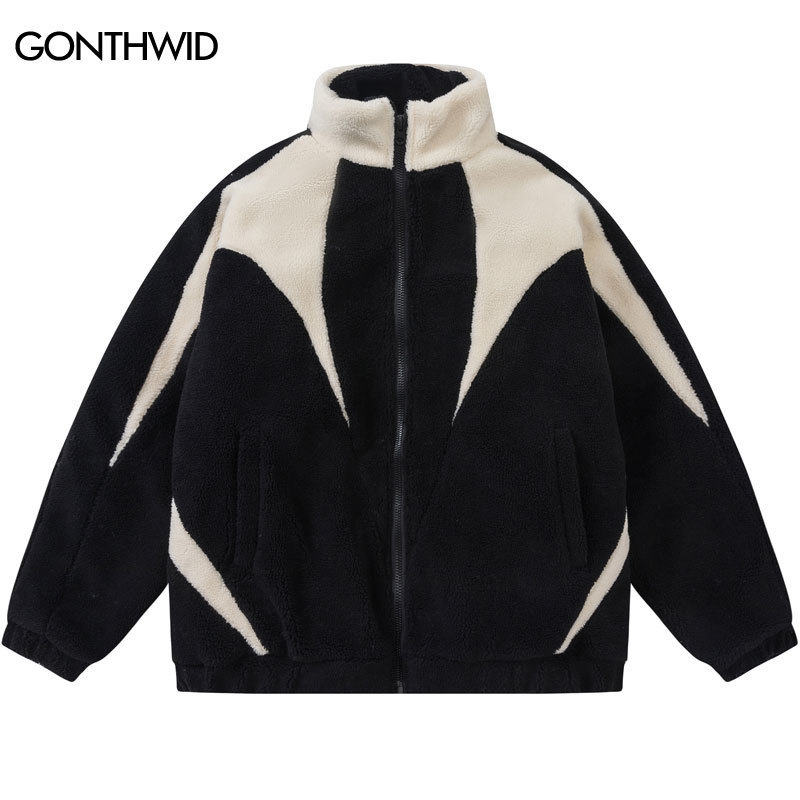 Men's Down Winter Jacket Parkas Streetwear Vintage Color Block Fuzzy Fluffy Plush Fleece Lambswool Coats Thicken Warm Padded Jackets 230731 b0