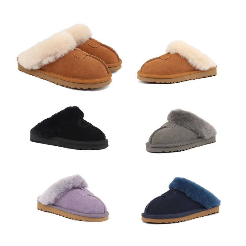 Designer Cotton Sliders Winter Fur Slippers Warm Snow Booties Home Winter Moccasins Real Leather Fluffy Women Scuffs Australia-image-890812143