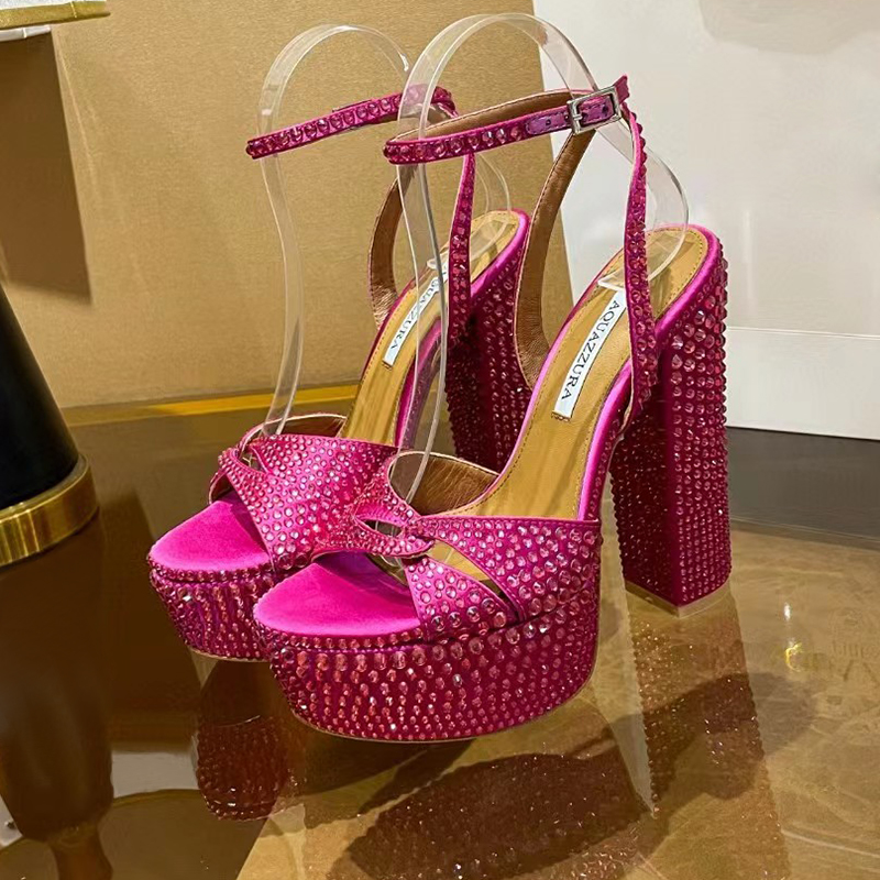 Aquazzura crystal encrusted platform pump Chunky Heel sandal 150mm Luxury Designer Evening shoes Crystal Ankle Strap Dress shoes Women's wed-image-890879584