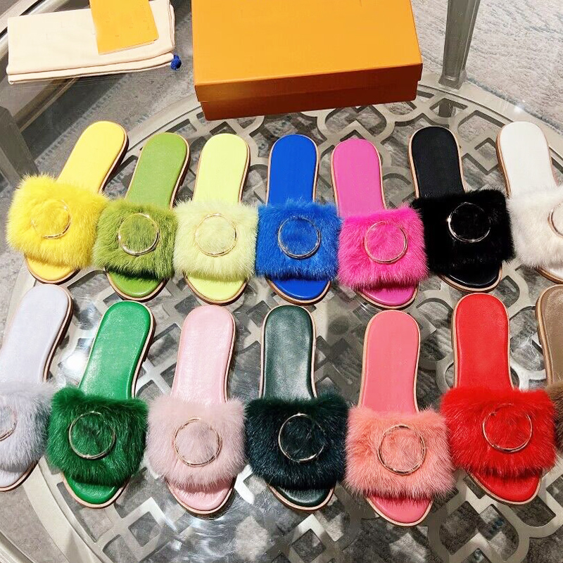 winter slipper fashion Lazy letter Flat bottom Slipper Metal buckle women designer shoes sexy Lady Cartoon Plush slippers keep warm wool flops si-image-890691607