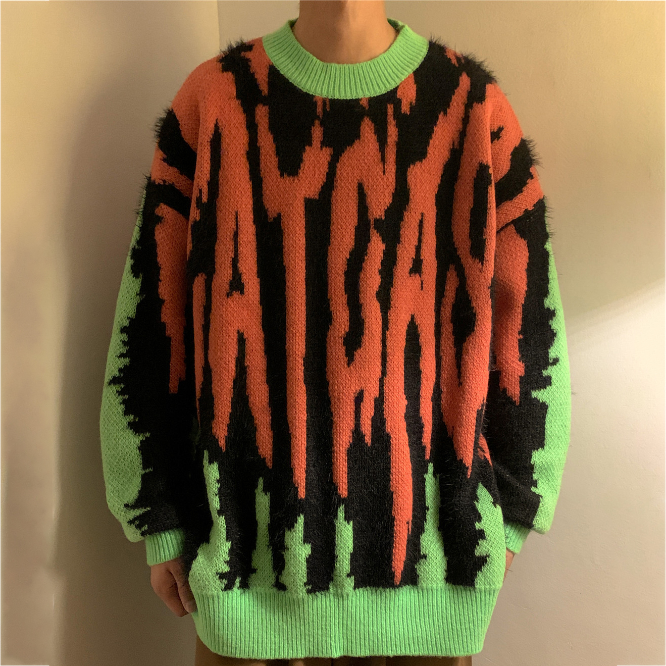 Men's Sweaters Antarctic Velvet Ferret Threedimensional Jacquard Knitwears Stripe Tassels Sweater Unisex Oversized Round Neck Pullover Knit