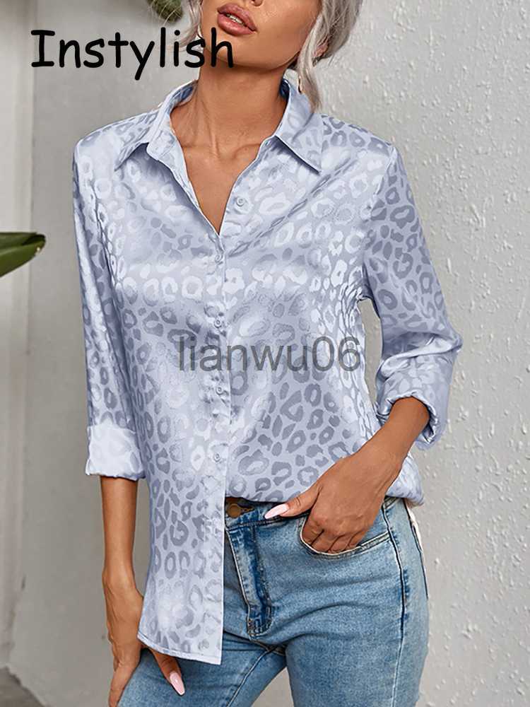 Women's Blouses Shirts Women Leopard Print Luxury Blouse Spring Summer Long Sleeve Lapen Vintage Button Up Shirt Office Lady Satin Tunics Ha-image-891297694