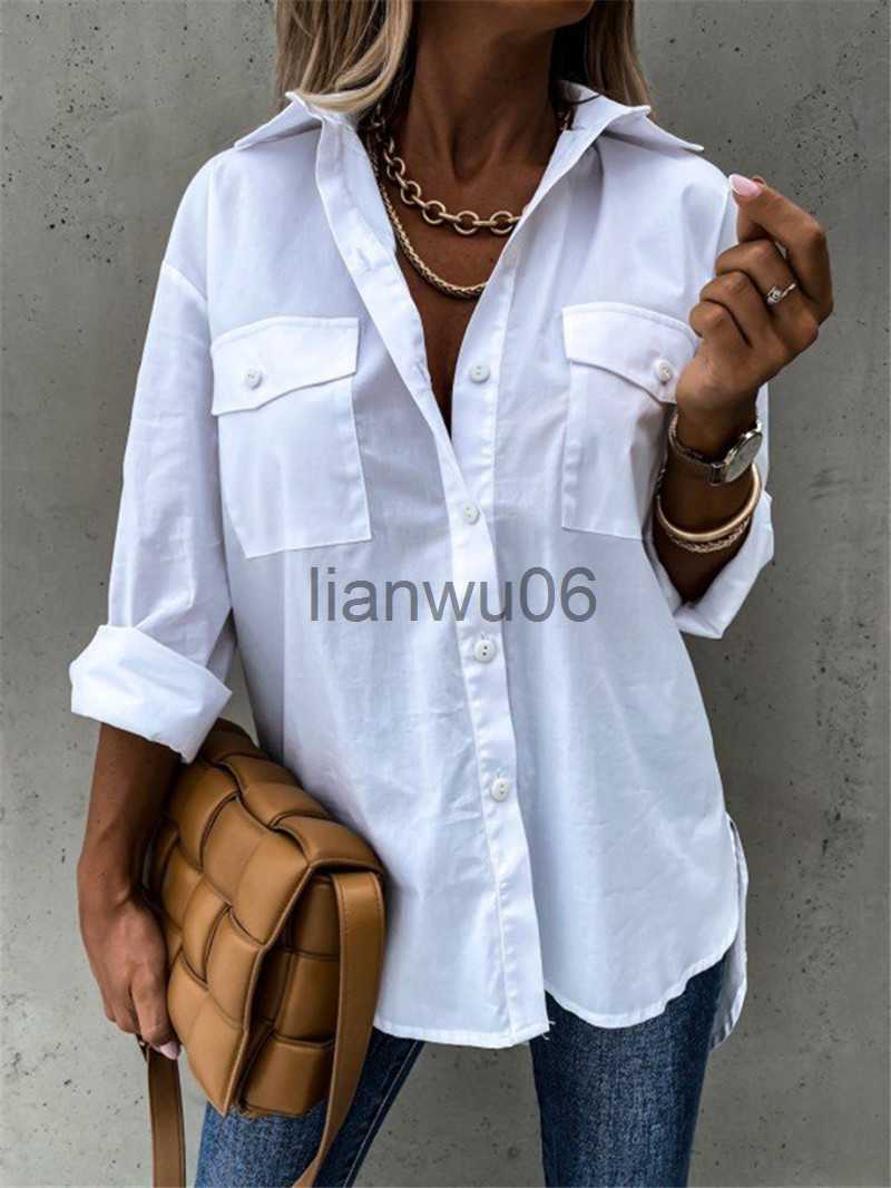 Women's Blouses Shirts Women Spring and Autumn Casual Long Sleeve Pockets Lapel Shirts Elegant White Blouses Vintage Harajuku Button Loose T-image-891312312