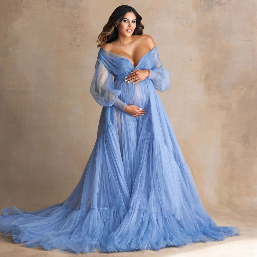 Fluffy Blue Ruffle Tulle Maternity Dress for Photoshoot Off Shoulder Pregnancy Photography Maternity Gown Robes with Sash-image-891004731