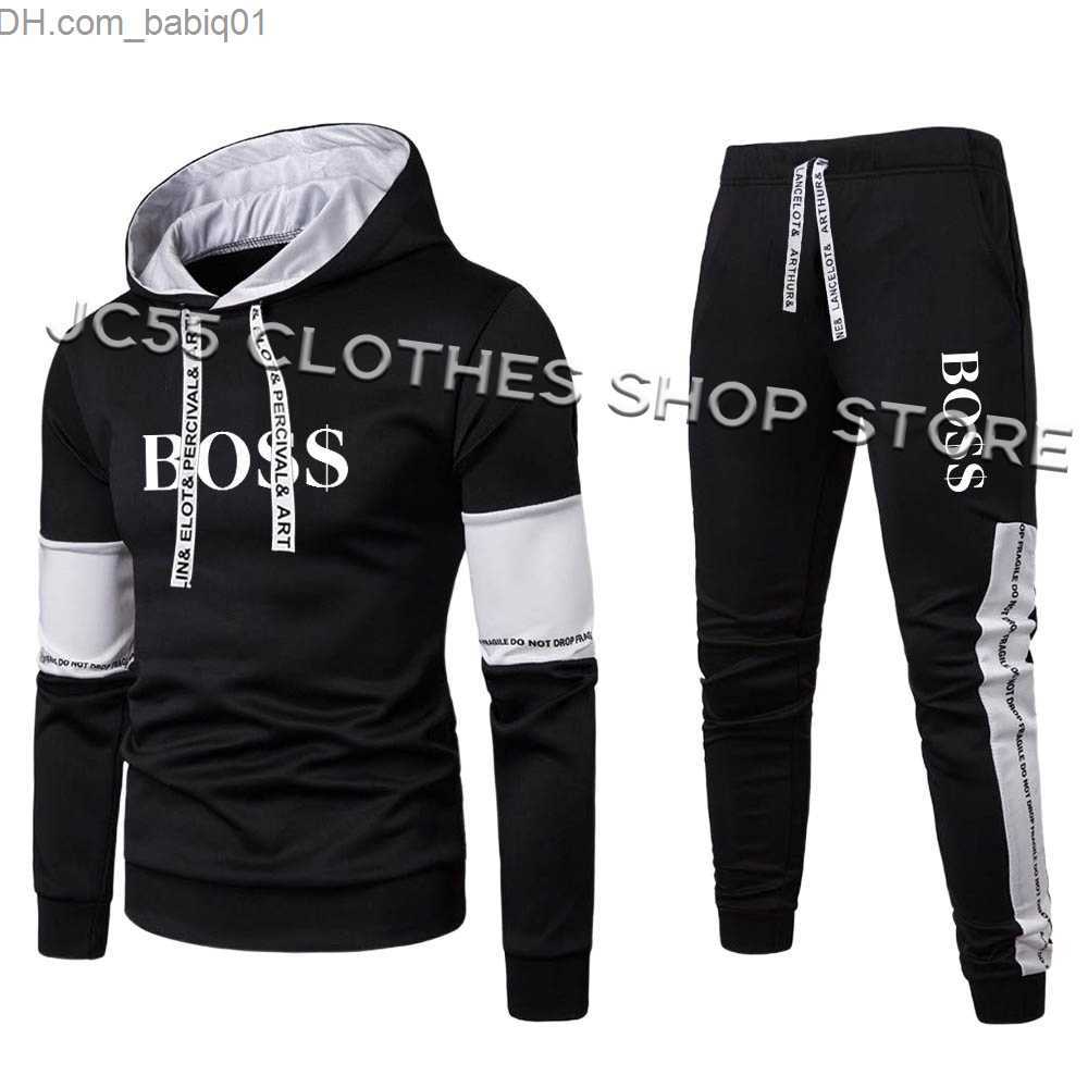 BOS Survêtement homme imprimé lettres ensemble 2 pièces sweat à capuche pantalon fitness décontracté mode sport T240108
