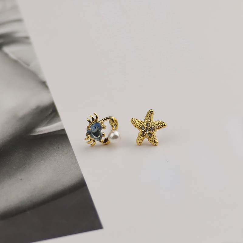 Women's Ear Studs Starfish Small Crab Asymmetrical Earrings Fashion Commuter Wind Zircon Inlaid 925 Silver Needle Earrings-image-891339944
