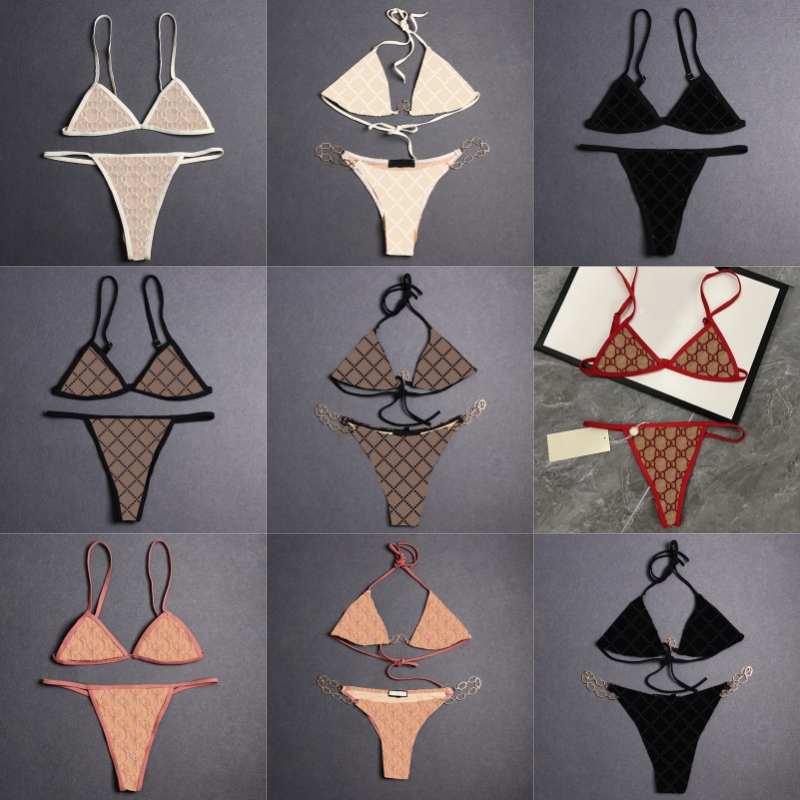 Sexy Triangle Bikinis Women Swimwear Tulle Lace Underwear Letters Embroidered Chain Halter Split Swimsuits Beach Bra Briefs with Tie Woman Bathin-image-1098125984