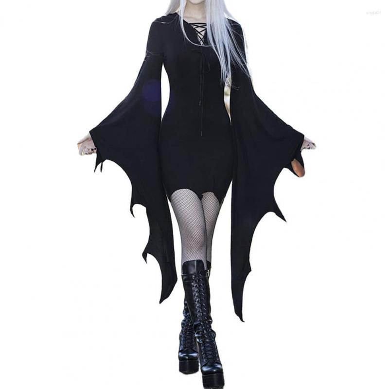 Casual Dresses Halloween Dress Long Batwing Sleeve Dark Style Irregular Cuff Lace Up Sheath Slim Party Cosplay Costume