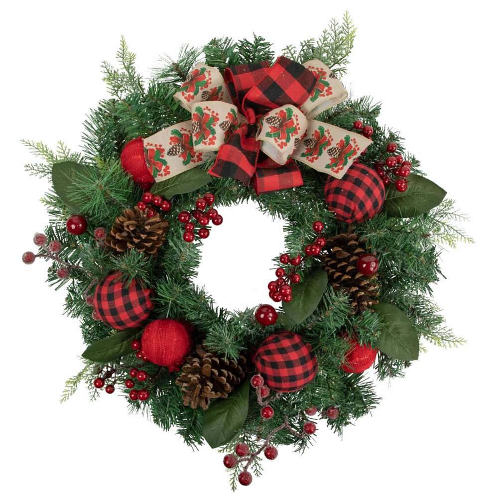 Green Pine Artificial Christmas Wreath with Bows and Ornaments 24-Inch Unlit