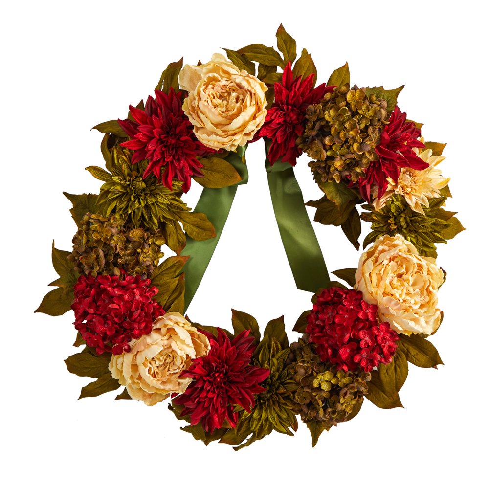 All Occasion Peony Dahlia Hydrangea Artificial Wreath, 24 Multicolor