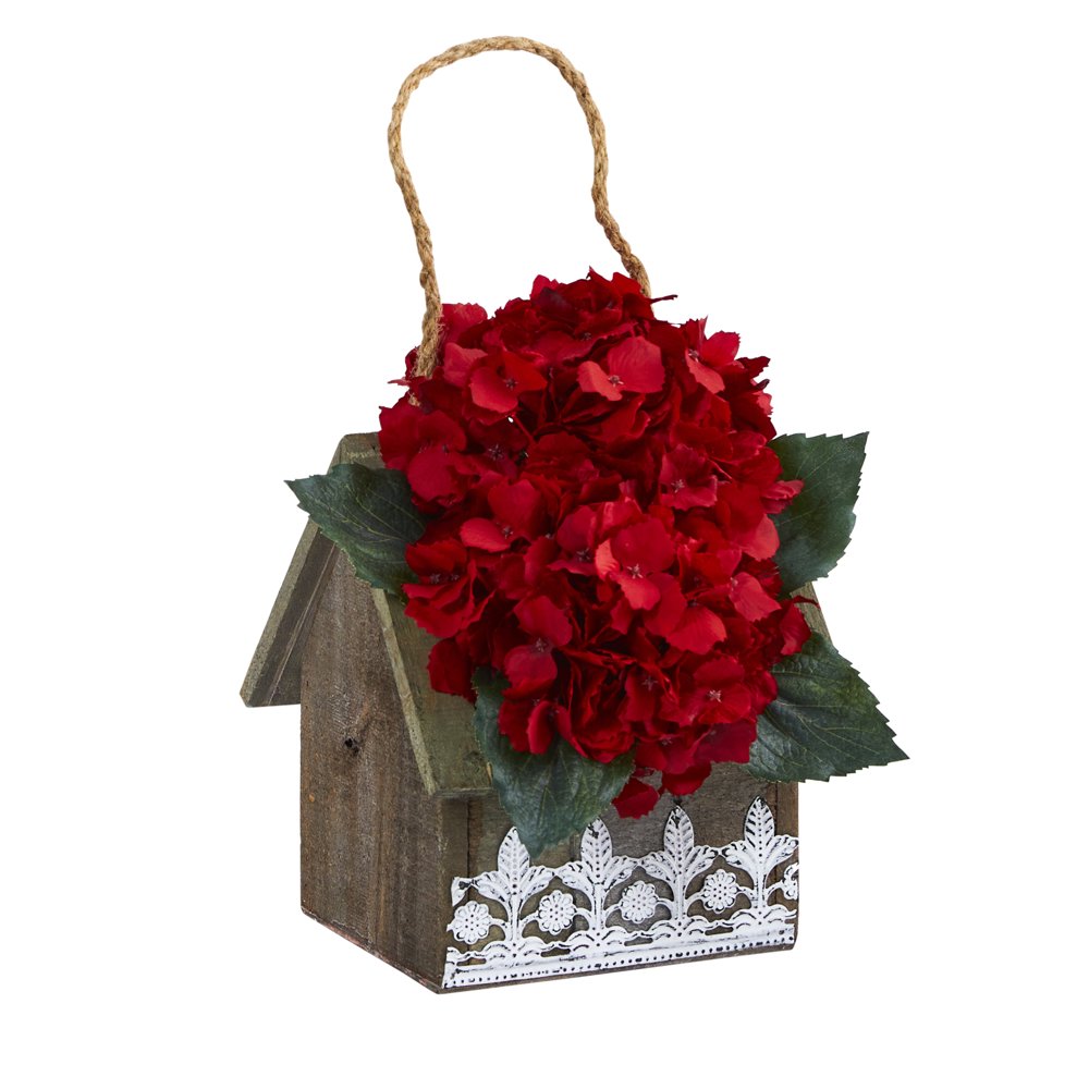 10in Hydrangea Artificial Arrangement in Hanging Planter, Red