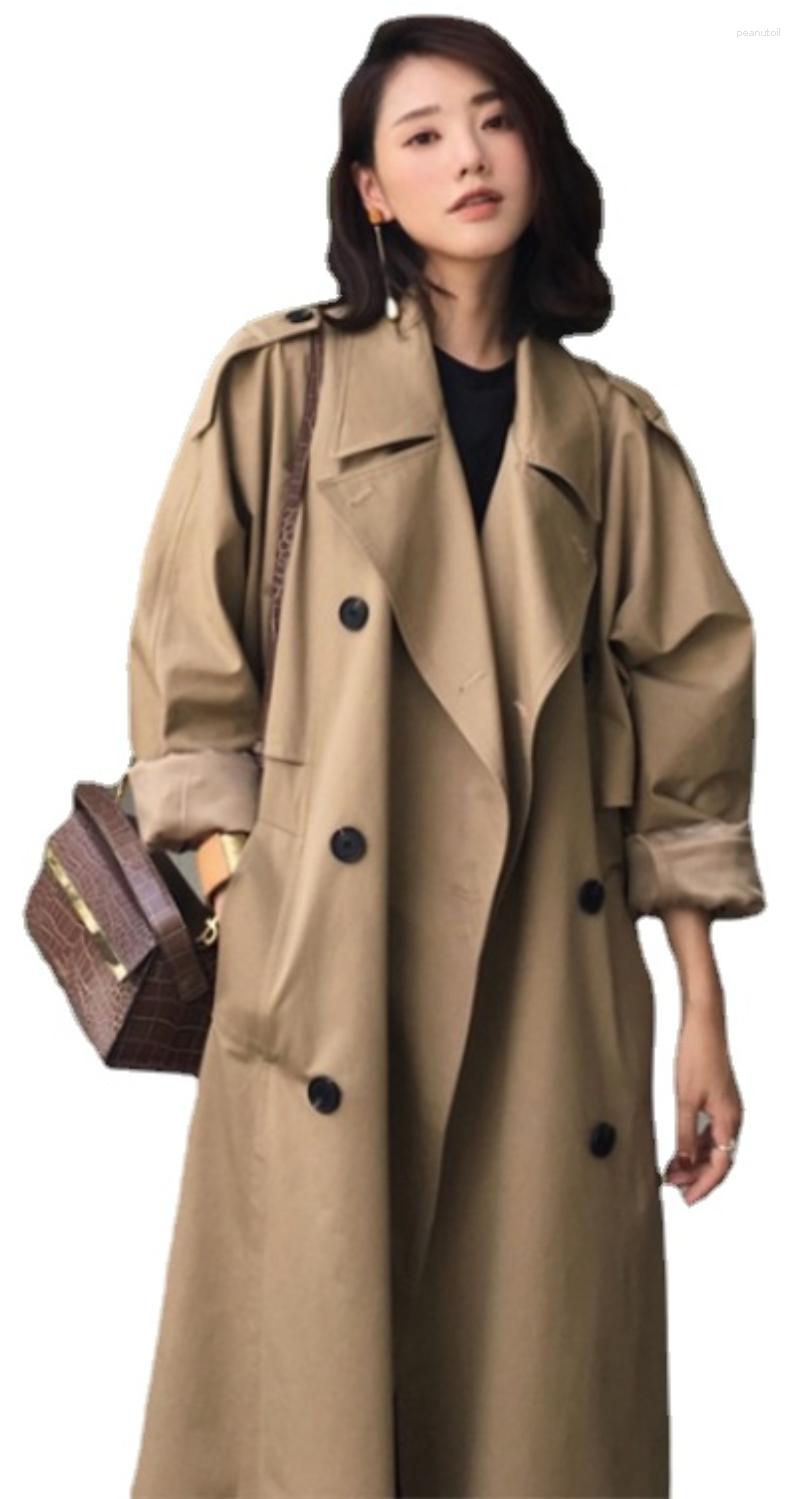 Trench-coat long femme kaki en polyester à taille large style décontracté printemps B4