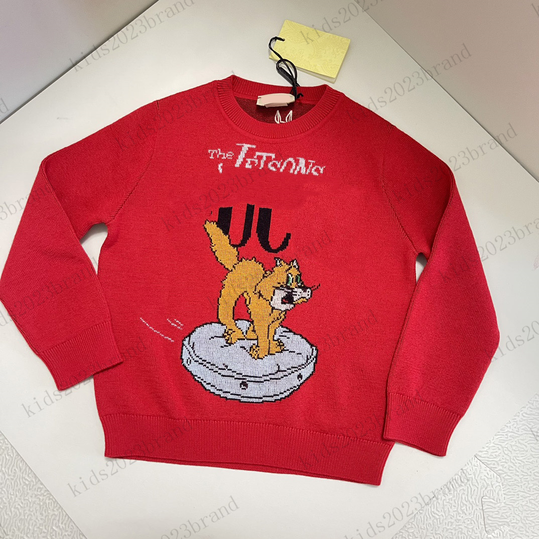 red color kids sweatshirts brand designer children knitted hoodies rund neck pullover lovely cat printing kids knitted sweaters-image-891730276
