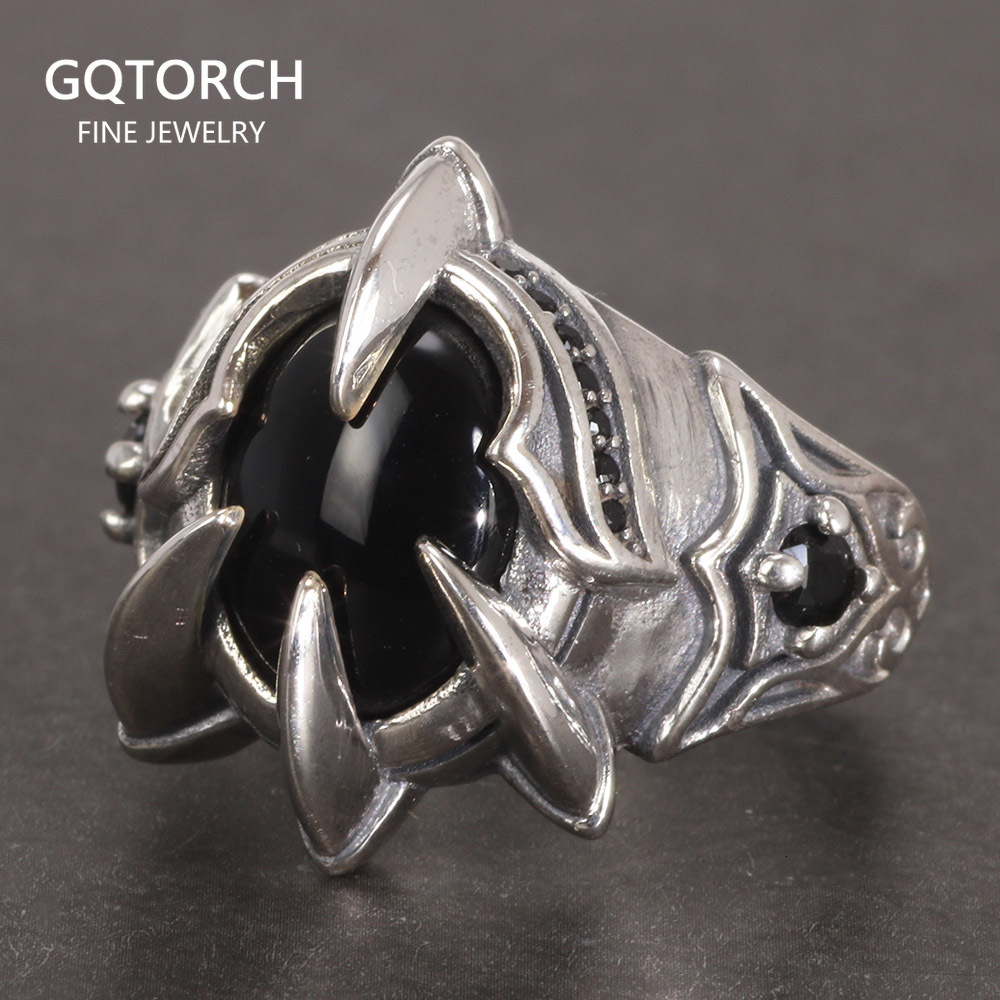Wedding Rings Real Pure 925 Silver Ring Cool Antique Paw Ring Men's Natural Stone Oval Black Agate Retro Hip Hop Adjustable Jewelry 230803