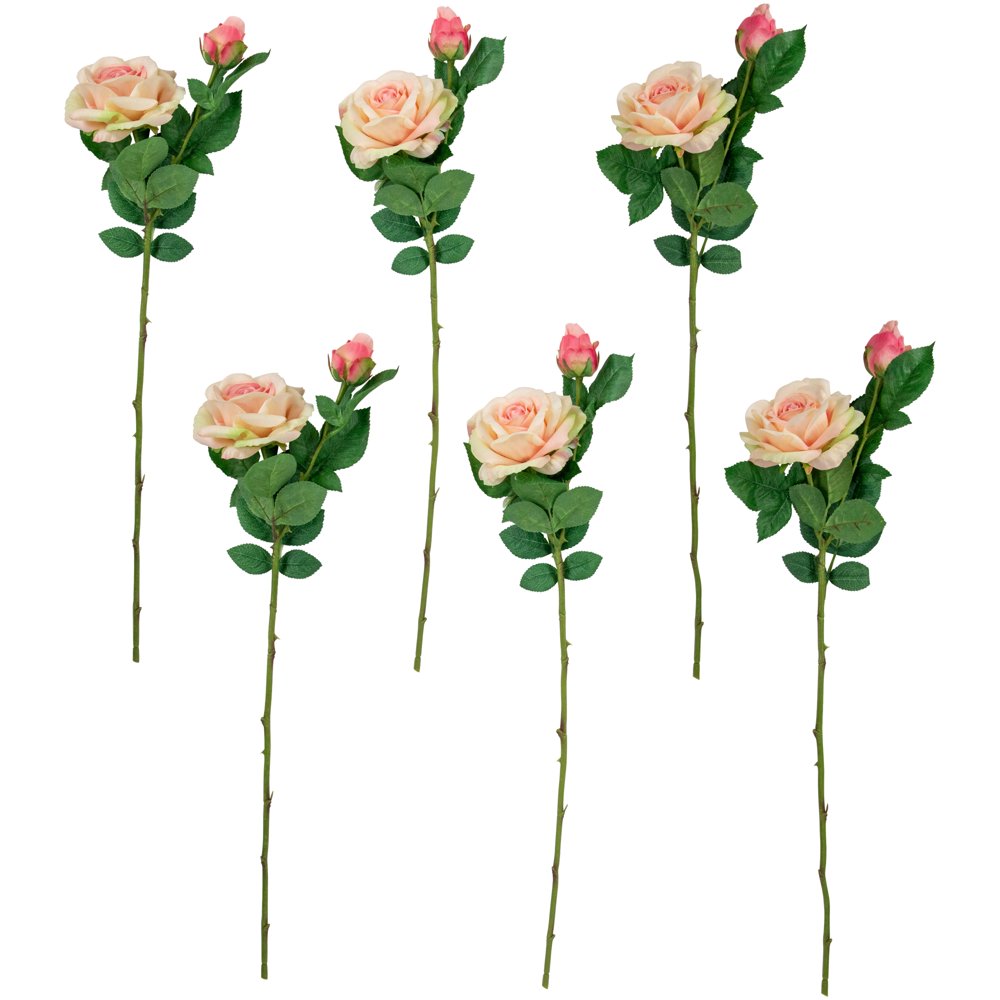 Set of 6 Light Pink Real Touch Artificial Rose Stems 26