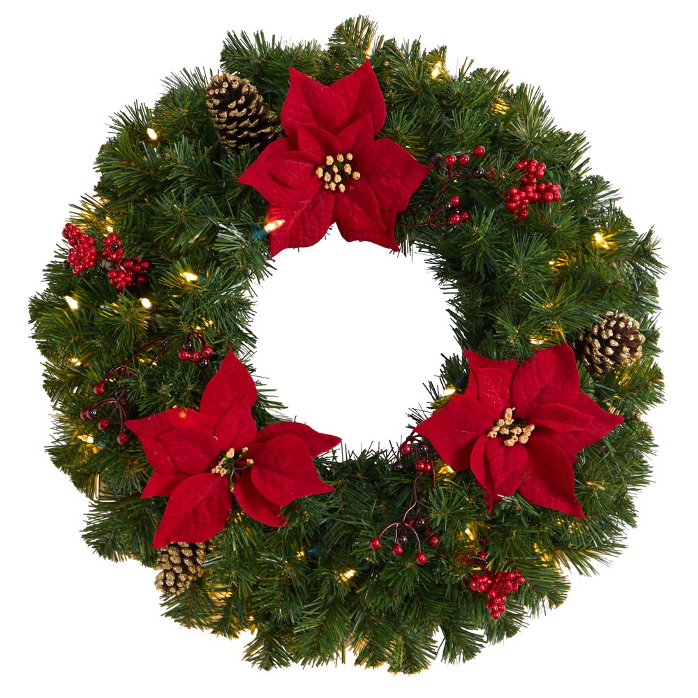 Poinsettia Berry Pinecone PVC White Prelit LED Battery Operated Wreath, 24 Green