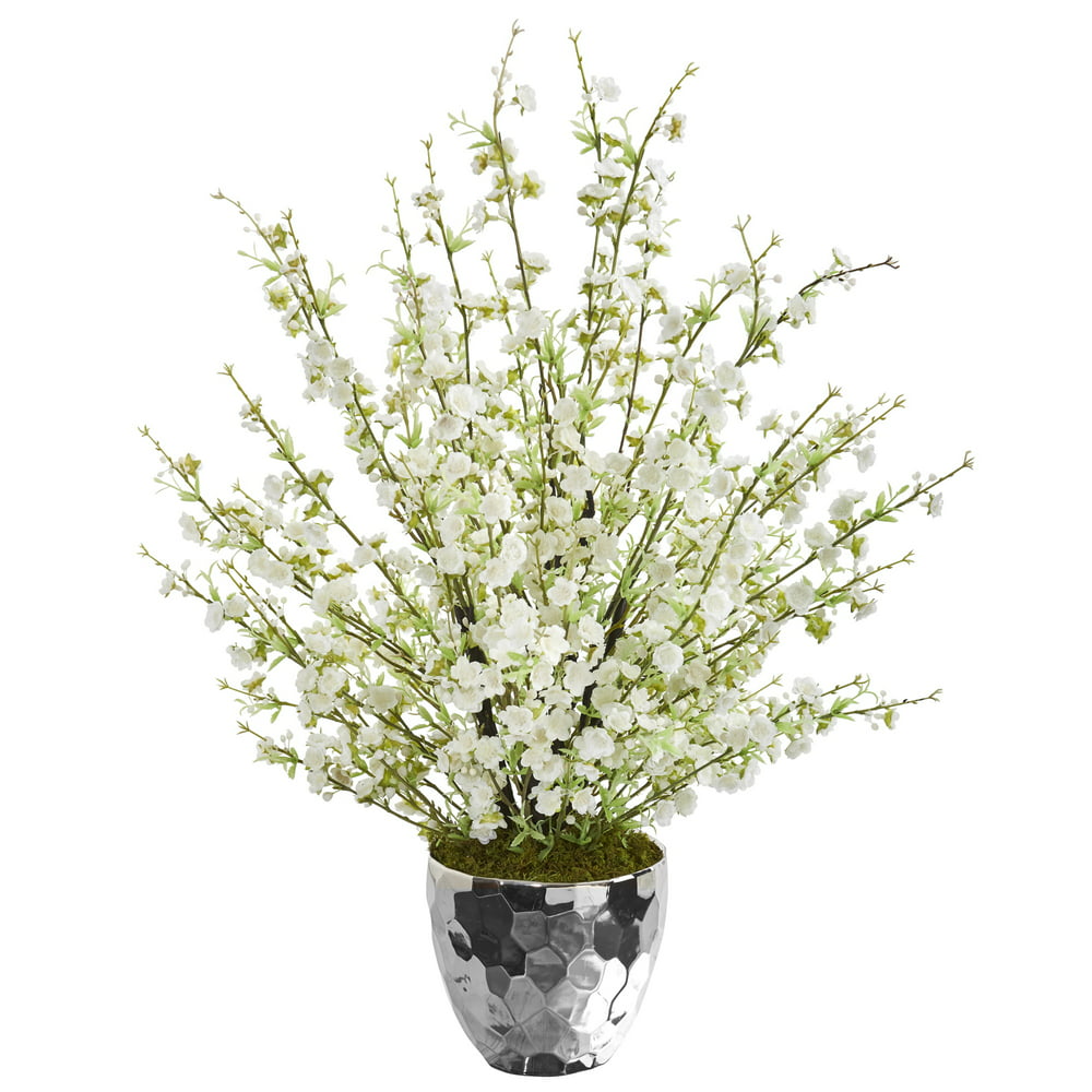 29in Cherry Artificial Arrangement in Silver Bowl, White