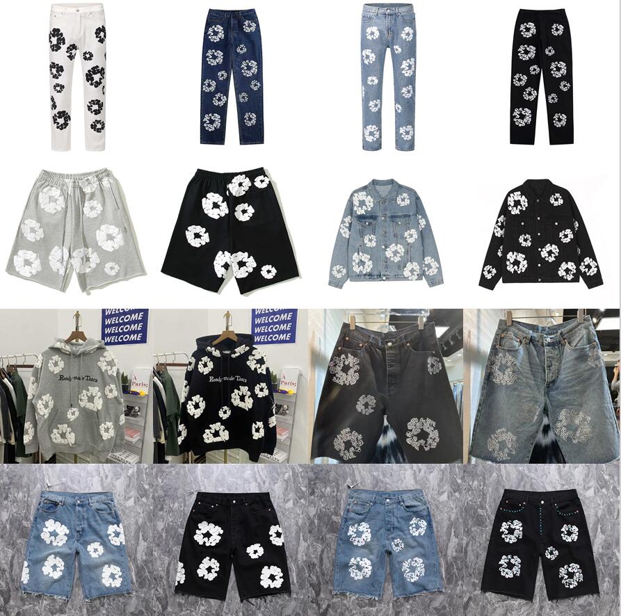 Mens Jeans Denim Tears Floral Print Fog Shortpants Slim Mens Denim Street Hip Hop Washed Straight Style Kapok Diamond Denim Jackets Pullover