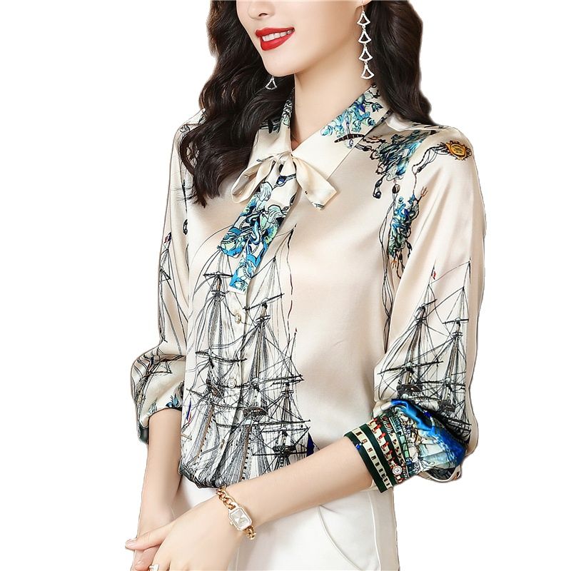 Chemisiers en Soie pour Femmes Designer Tops Manches Longues Élégant Imprimé Revers Ruban Noeud Chemise Boutonnée Formelle 2023 Printemps Automne