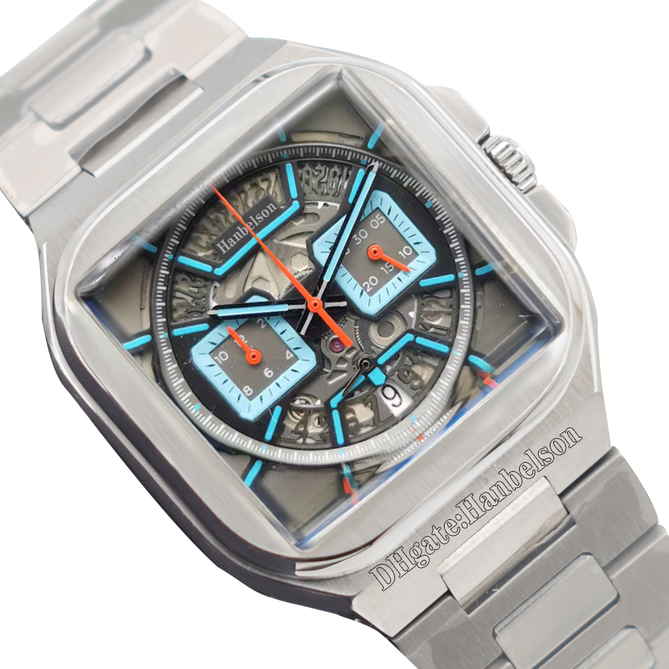 Square Men Watches Sky blue Face Japan vk Quartz Movement Multifunction Chronograph 39mm Metal Watch band Wristwatch Sports rubber strap Father&#-image-891843402