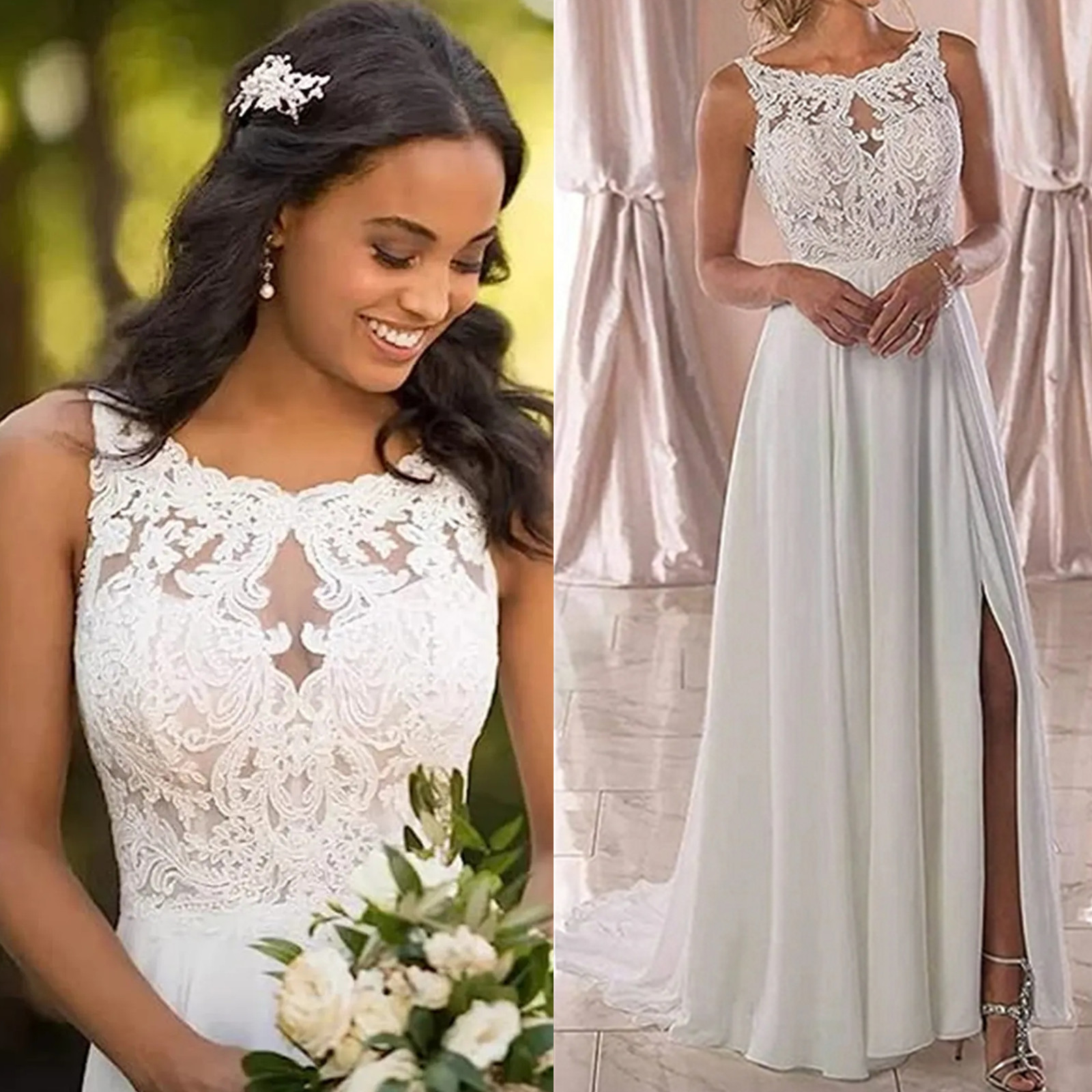Beach Chiffon Wedding Dress Appliques Simple Dress A-Line Slit Side Vestido De Novia Playa Bridal Gown Lace Up Back Wedding-image-892331456