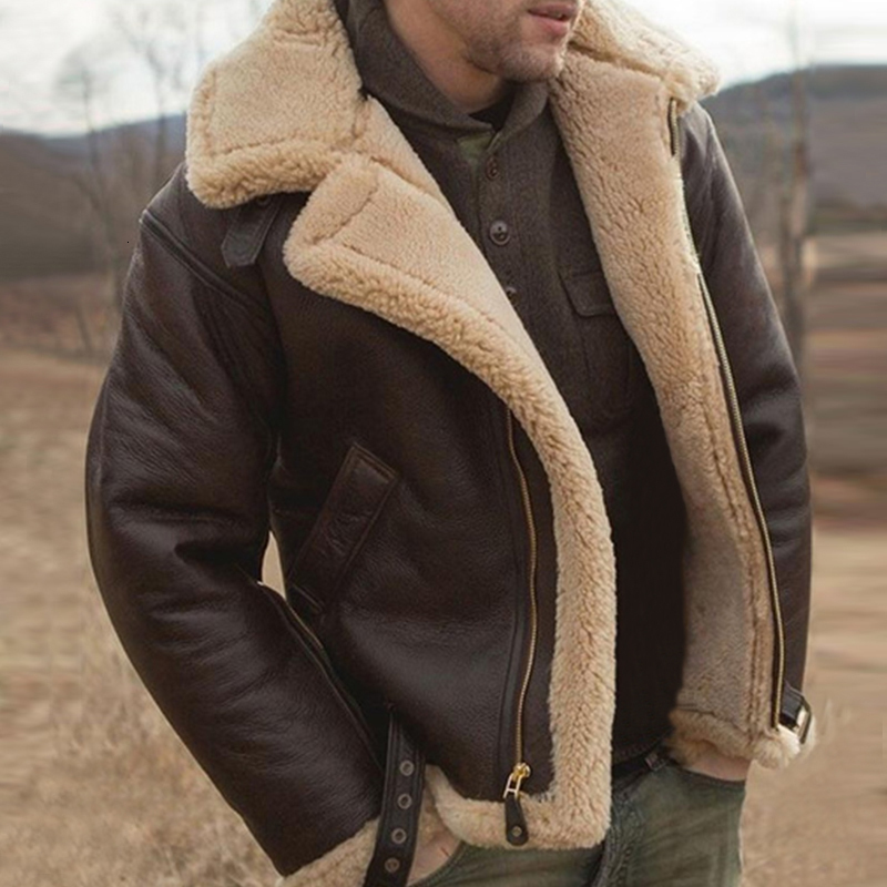 s Men Jackets Faux Leather Classic Brown Black Bomber Jacket Winter Shearling Shpskin Coat Biker Large Size 230808 L26624